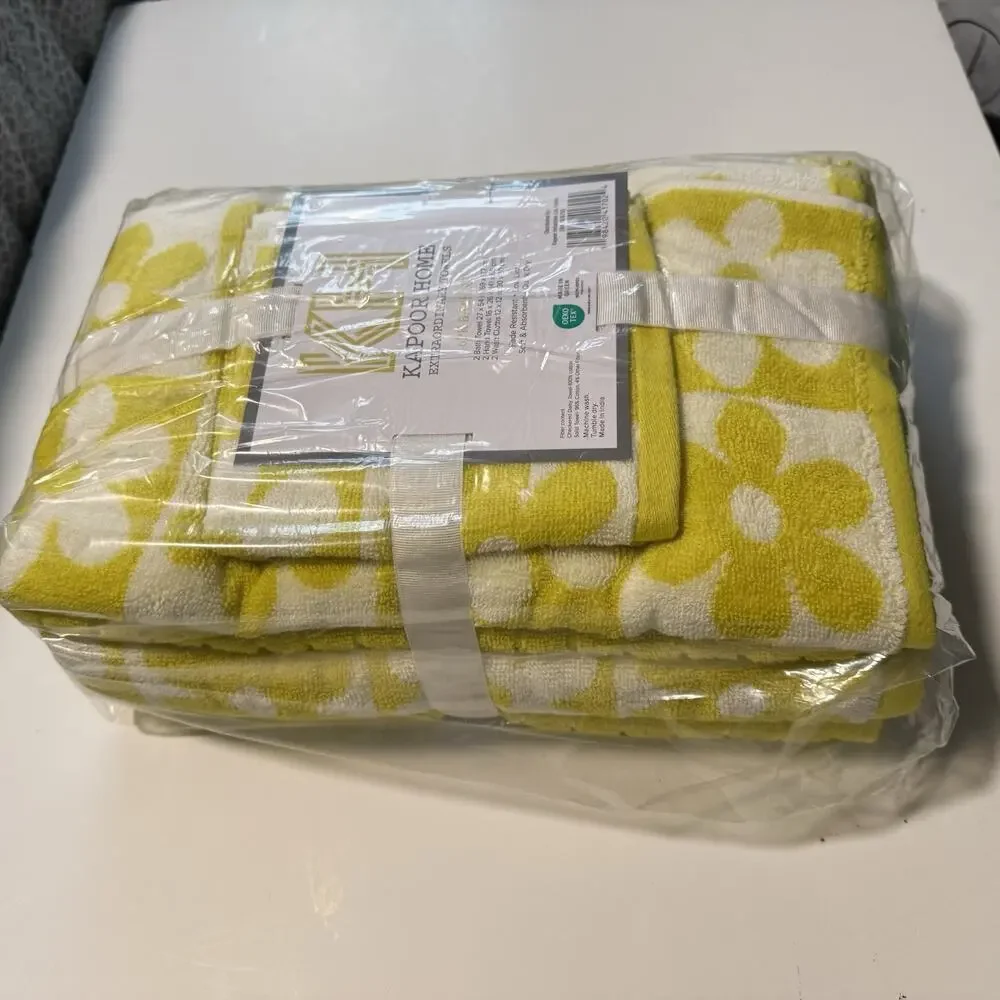 Kapoor Home 6-Piece Bath Towel Set Yellow & White Daisy & Solid Cotton Quick Dry